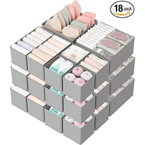 Criusia Drawer Organizers 18-Piece Set, Dresser Organizer for Baby Clothes, Foldable Closet Storage & Drawer Dividers for Underwear, Socks, Nursery (Gray)