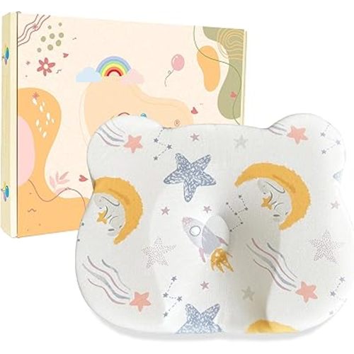 Silicone Baby Pillow with Cotton Cover, Case Neck Support Cartoon Bear Pillow for Boys & Girls,Breathable Bedding Set