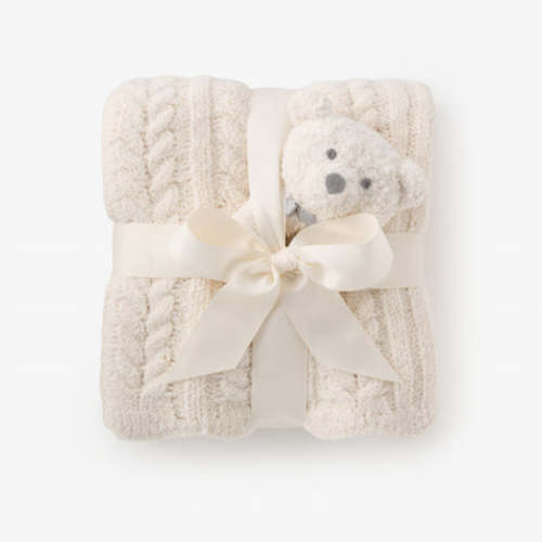 Cream Cable Feather Knit Baby Blanket + Rattle Gift Set – Elegant Baby