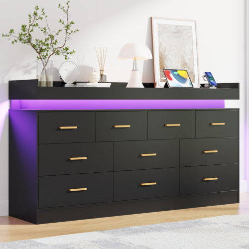 Wrought Studio™ 10 Drawer 63" W Dresser With Charging Station And LED Lights | Wayfair