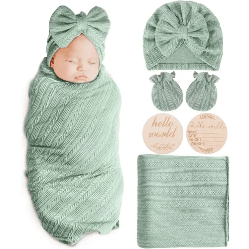 Newborn Receiving Blanket with Bow Hat Mittens Wooden Card Set Wheat-Pattern Newborns Toddler Baby Boy Girl Nursery Swaddle Wrap