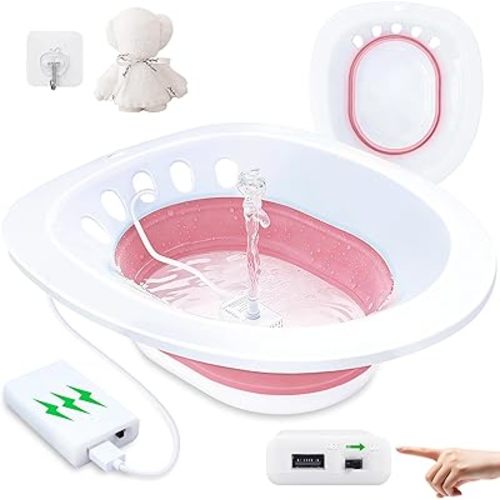 Electric Sitz Bath, Sitz Bath for Hemorrhoids, Sitz Bath for Toilet Seat, Sitz Bath for Postpartum Care, Sits Bath Kit for Women, Automatic Flushing, Foldable, Fits Universal Toilet (Pink Electric)