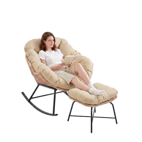 Outdoor Papasan Rocking Chair, Egg Chair with Ottoman, Beige | Indoor & Outdoor Rocker Chair with Padded Cushion for Living Room, Patio, Garden