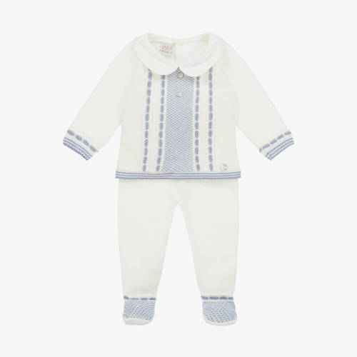 PAZ Rodríguez - Boys Ivory & Blue Wool 2 Piece Babygrow | Childrensalon