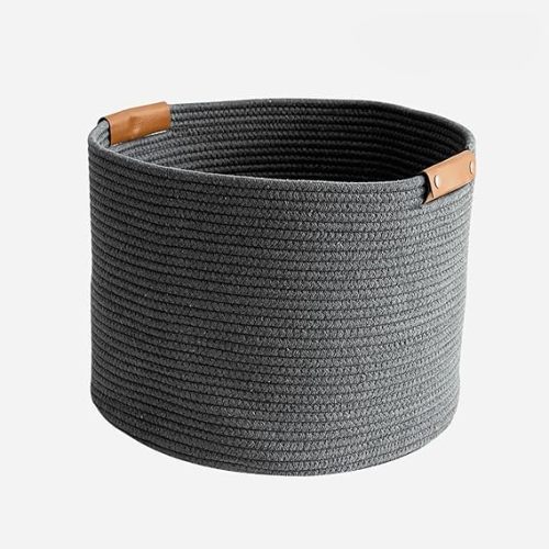 Large Cotton Woven Basket with PU Leather Handle, Baby Kids Clothes Toys Candy Gifts Organizer, Living Room Bathroom Shower Storage Laundry Basket, Dog Cat Bed, Cute Decor, Black