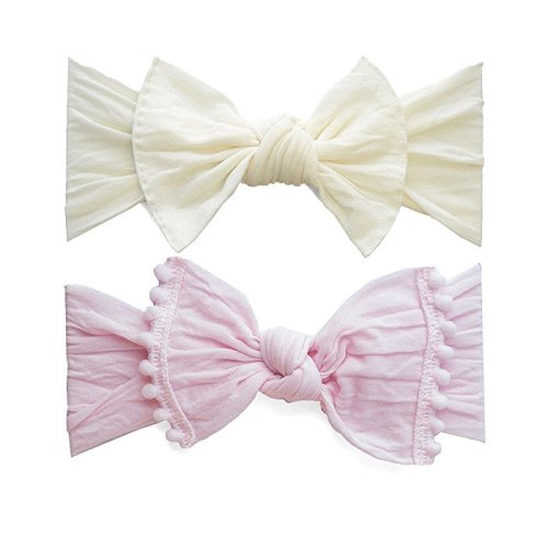 2 Pack: Trimmed Pompom and Classic Knot Girls Baby Headbands - Ballet Pink & Ivory