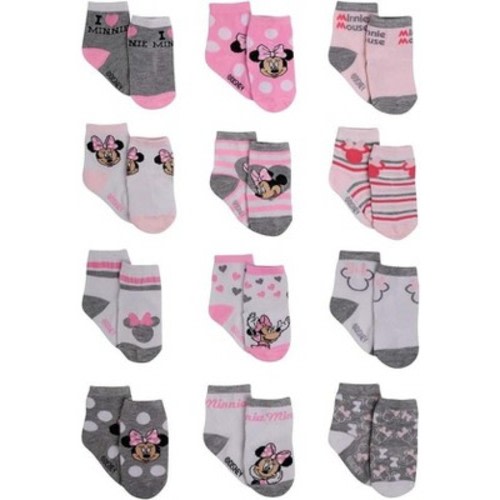 Disney Baby Girl 12 Pack Socks, Newborn Essentials for Girls (0-24M), Color: Minnie mouse pink/grey, Size: 12-24 months