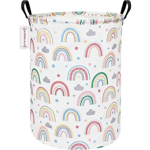 QUEENLALA Large Storage Basket,Laundry Hamper/Bathroom/Home Decor/Collapsible Round Storage Bin,Boys and Girls Hamper/Boxes/Clothing(Round-Rainbow)
