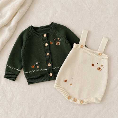 Floral Embroidered Baby Knit Cardigan or Romper, Cotton Baby Girl Outfit, Baby Gift