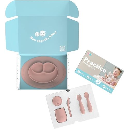 ezpz Kit 3: Practice Feeding Skills (Indigo) - Tools to Help Your Toddler Practice Scooping, Piercing, Straw Drinking, and Self-Feeding - Toddler Essentials & Gifts