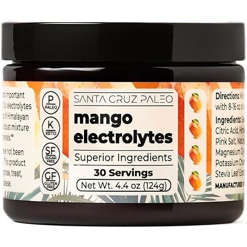 Santa Cruz Paleo Electrolyte Powder, Mango Flavor, Sugar Free Hydration Drink Mix with Himalayan Pink Salt, Sea Salt, Magnesium Glycinate, Potassium Chloride, Sweetened with Stevia, 30 Servings