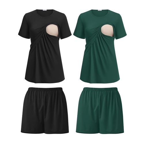 Ekouaer 2 Pack Women's Nursing Pajamas Set Double Layer Maternity Pjs Postpartum Loungewear Set Breastfeeding Tops & Shorts
