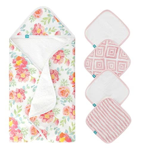 Featherhead™ 5-Piece 100% Cotton Muslin Hooded Bath Towel & Washcloths Set for Baby Girl - Ultra Soft and Extra Absorbent - Newborn Essential & Perfect Baby Registry Gift (Garden Floral)