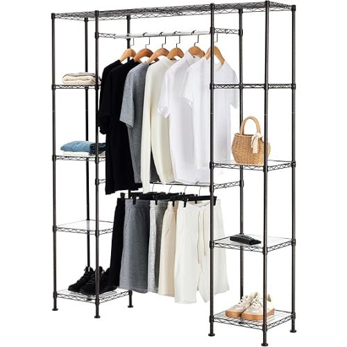 Amazon Basics Expandable Metal Hanging Closet Organizer and Storage Rack Wardrobe with Shelves, 57-80''L x 14''W x 72''H, Bronze