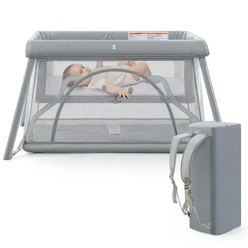 Travel Crib,Portable Crib for Baby, Pack and Play for Babies and Toddler, Lightweight Backpack Design,Foldable Travel Baby Playpen with Mattress(Light Grey)