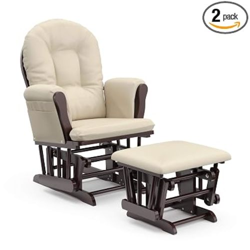 Storkcraft Premium Hoop Glider & Ottoman (Espresso with Beige) — GREENGUARD Gold Certified, Solid Wood Craftsmanship, Convenient Storage Pockets, Glider Rocking Chair for Nursery, Multi-Award-Winning