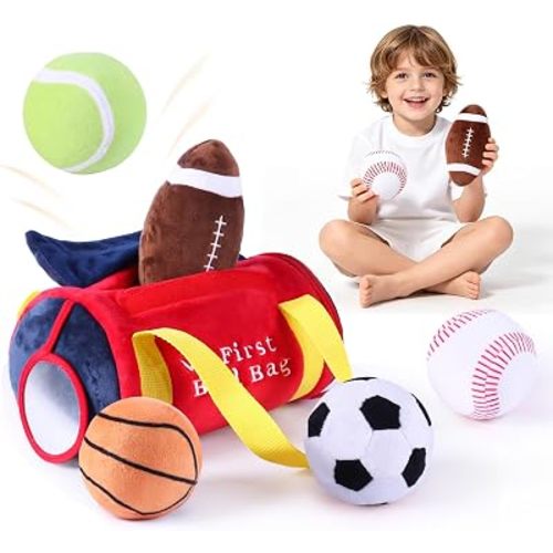 My First Sports Bag,Baby Sports Toys,Infant boy Toys with 5pcs Sensory Balls – Basketball, Football, Baseball, Soccer,Tennis, Rattle Toy for 0-3 6 9 12 Month Girl, Newborn Shower 1st Birthday Gifts