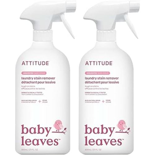 ATTITUDE Laundry Stain Remover for Baby Clothes, Plant and Mineral-Based Ingredients, Vegan and Cruelty-free Household Products, Hypoallergenic, Unscented, 27 Fl Oz (Pack of 2)