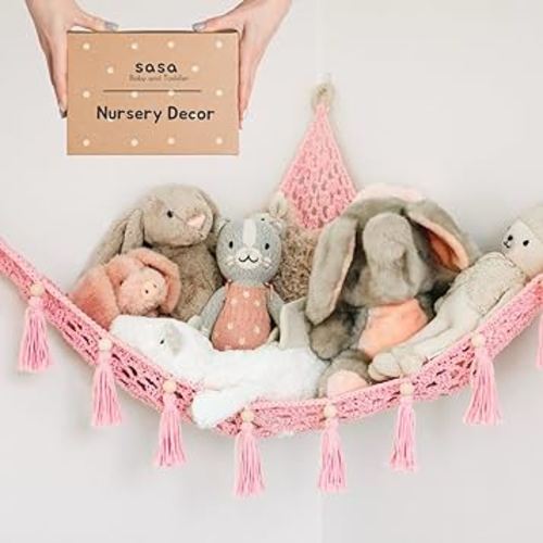 Macrame Toy Hammock for Stuffed Animals - Plushie Toy Hammock for Baby Girl Nursery Decor, Plush Hammock, Stuffy Hammock, Hanging Stuffed Animal Organizer, Sweet Pink