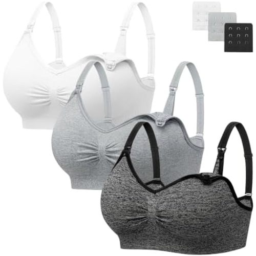 Angelhood Womens Seamless Sleep Nursing Bra,Breastfeeding Maternity Bra with Remove Bra Pads Extenders Pack of 3