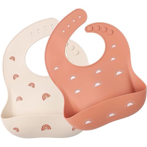 ROCCED Baby Silicone Bibs 2 Sets Baby Bibs with Food Catcher for Girls Boys Toddlers BPA Free Waterproof Soft Durable Adjustable Silicone Bibs for Babies-Shifting Sand/Pale Mauve