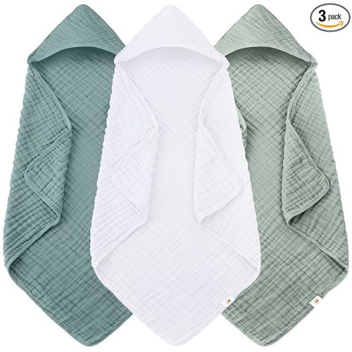 Sunny zzzZZ Muslin Hooded Baby Bath Towels - 3 Pack 100% Cotton Soft Low-Saturation Pastel Towels Including Classic White for Newborns, Infants, Toddlers - 32x32 Inch - Light Emerald and White