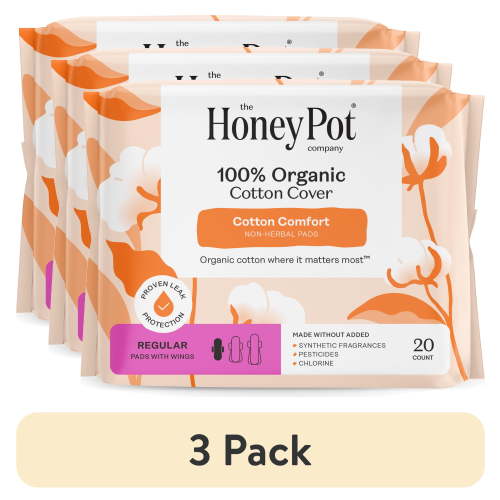 (3 pack) Honey Pot 100% Organic Cotton Comfort Cover Regular Pads, 20 Count