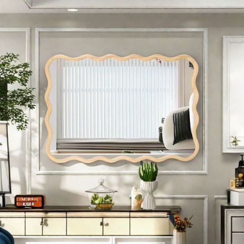 40" x 28" Natural Wavy Solid Wood Wall Mirror, Modern Large Squiggle Rectangular Decorative Mirror for Living Room or Entryway - Panipeachy