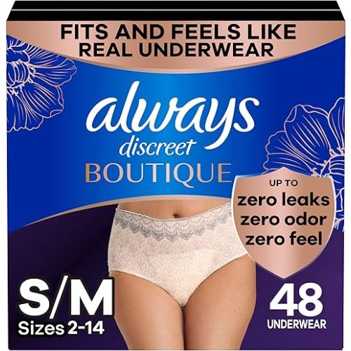 Always Discreet Boutique Incontinence and Postpartum Underwear for Women, Maximum Protection, Small/Medium, Rosy, 48 Count (4 Packs of 12)