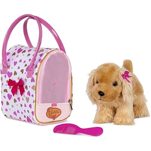 Pucci Pups – Plush Puppy – Dog Carrier – Toy Cocker Spaniel – Pink & Golden Heart Print Bag & Cocker Spaniel and Comb– Stuffed Animal – 3+ Years