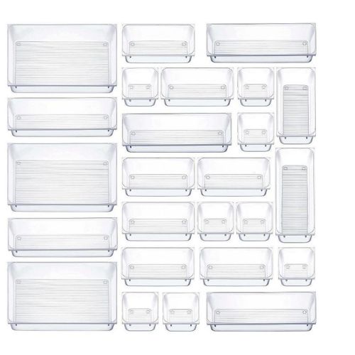MPM 25pcs Drawer Organizer, 4 Sizes Clear Plastic Desk Divider Storage Bins, Multipurpose Trays, For Organization of Acc