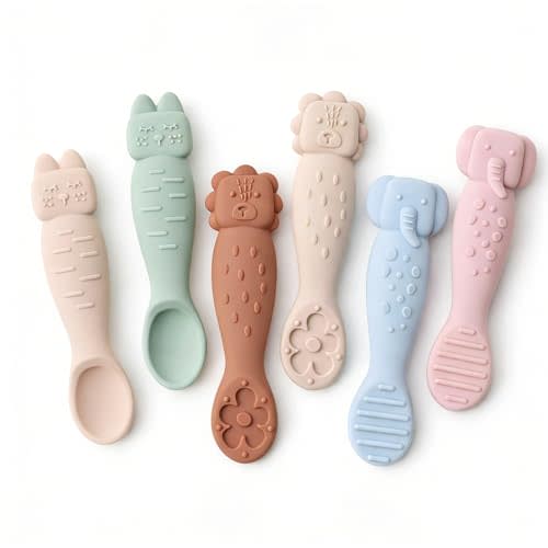ROCCED Silicone Baby Spoons for Self Feeding 3M+, Stage 1 Infant Feeding Spoons and Teething Toy 2-in-1, Soft Tip Toddler Chewable Utensils for BLW Led Weaning, BPA Free Easy Grip Short Handle 6PK