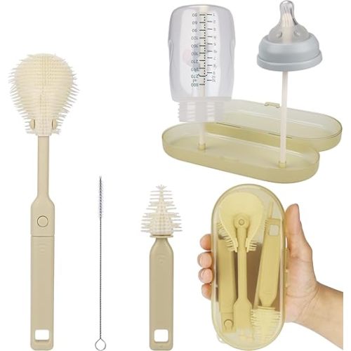 Portable Baby Bottle Brush Set – 5-in-1 Silicone Baby Bottle Cleaner Kit with Nipple Brush, Straw Brush, Drying Rack & Travel Case – BPA-Free, Bottle Washing Set for On-The-Go (Light Yellow)