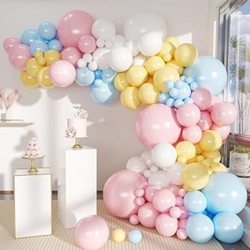 Pastel Balloon Garland Arch Kit 146Pcs Macaron Pink Blue White Yellow Latex Balloons Different Sizes 18 12 10 5 Inch for Gender Reveal Baby Shower Wedding Birthday Party Decoration