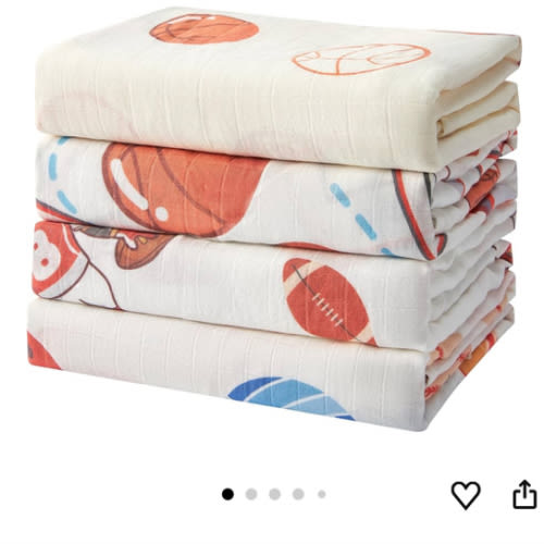 70% Rayon Made from Bamboo 30% Cotton Muslin Swaddle Blanket, 47 x 47 Inches, Basketball Print Baby Receiving Blanket, Soft and Breathable, Unisex, 4 Pack