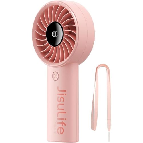 JISULIFE Handheld Portable Fan, Stronger and Longer-Lasting: 5 Speed, 5000mAh Battery, 12-Blade Turbo For Powerful Wider Wind, LED Display, Rechargeable Personal Fan for Travel Concerts Makeup-Pink