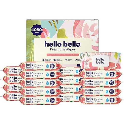 Hello Bello Premium Wipes, Designed for Sensitive Skin with Chamomile & Aloe Extracts, Rosy Posy (18 Resealable Packets = 1080 Total Wipes)