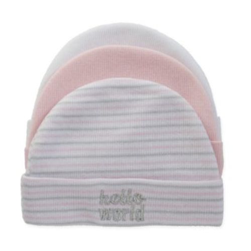 So' Dorable Size 0-6M 3-Pack "Hello World" Knit Beanies in Pink/White/Grey - PINK/WHITE/GRAY - 0-6 MONTHS