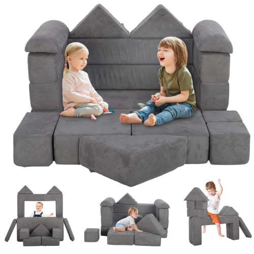 HSUNNS Modular Kids Couch Play Set, 12 PCS Indoor Sponge Sofa for Playroom and Living Room, Gray