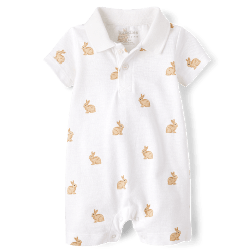 Baby Boys Bunny Polo Romper - White