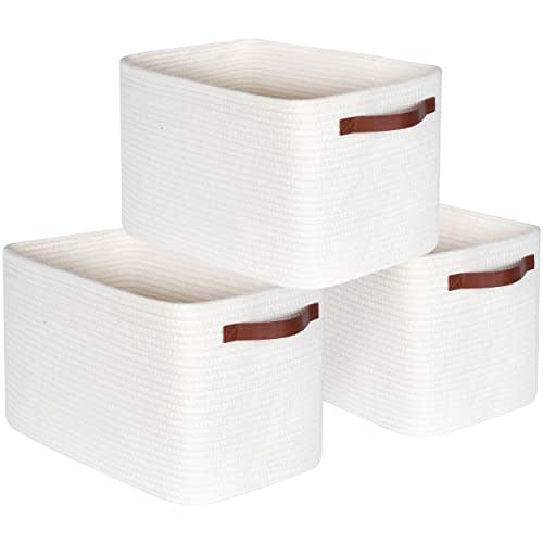 MINTWOOD Design 3-Pack Decorative Woven Storage Baskets for Shelves, Cube Bin Box for Organizing Books, Shoes, Dog Toys, Pantry Closet and Living Room Organizer, Creamy White