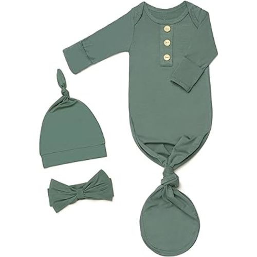 Newborn Baby Knotted Gown, Super Soft Silky Infant Sleeper, Baby Girl Sleep Gown with Mittens, Bow, and Hat Set