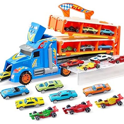 JOYIN Toy Truck for Kids,5-FT Race Track and 12 Die-Cast Metal Toy Cars, Racing Car with Lights & Sounds, Carrier Truck Playset Gift for 3 4 5 Years Old Boys and Girls