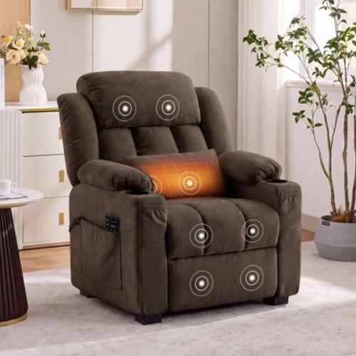 Oversized Power Recliner Chair with Heat & Massage, 22" Wide Seat Comfy Electric Recliner for Adults, Cup Holders & Side Pockets for Living Room