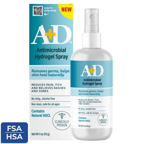 A+D Antimicrobial Hydrogel Spray  with Hypochlorous Acid, Removes Germs, Helps Heal Rashes & Irritations, Reduces itch & pain, Alcohol-Free, Non-Sting Formula, Safe for All Ages, 4oz