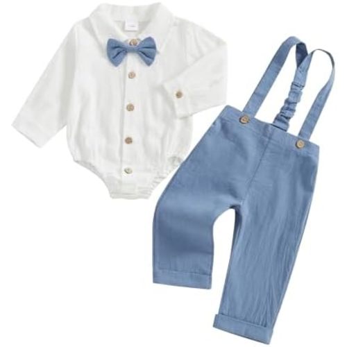 Infant Baby Boys Gentleman Outfits Long Sleeve Bowtie Romper+Suspender Overalls Pants Set Wedding Set Formal