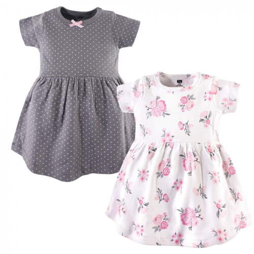 Hudson Baby Infant and Toddler Girl Cotton Short-Sleeve Dresses 2pk, Pink Gray Floral, 3-6 Months