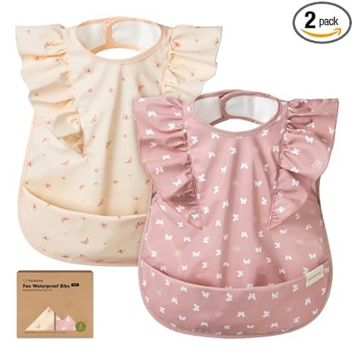 KeaBabies Waterproof Bibs for Baby Girl,Boy – 2-Pack Lightweight, Large Baby Bibs for Eating, Wearable Food Catcher, 6-12 Months Infant Feeding Essentials, Smock for Toddlers 1-3, Kids (Butterflies)