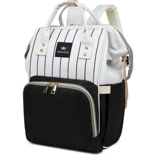 HDJ Big Waterproof Diaper Backpack, Large Capacity Travel Bag with Insulated Milk Bottle Pocket, Black