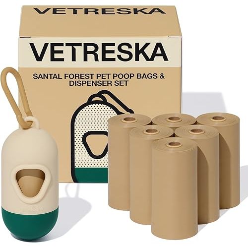 VETRESKA Dog Poop Bag with Dispenser, Leak Proof and Extra Thick Pet Waste Bags for Dog Walking and Cat Litter, Sandalwood & Almond Scented, 105 Count